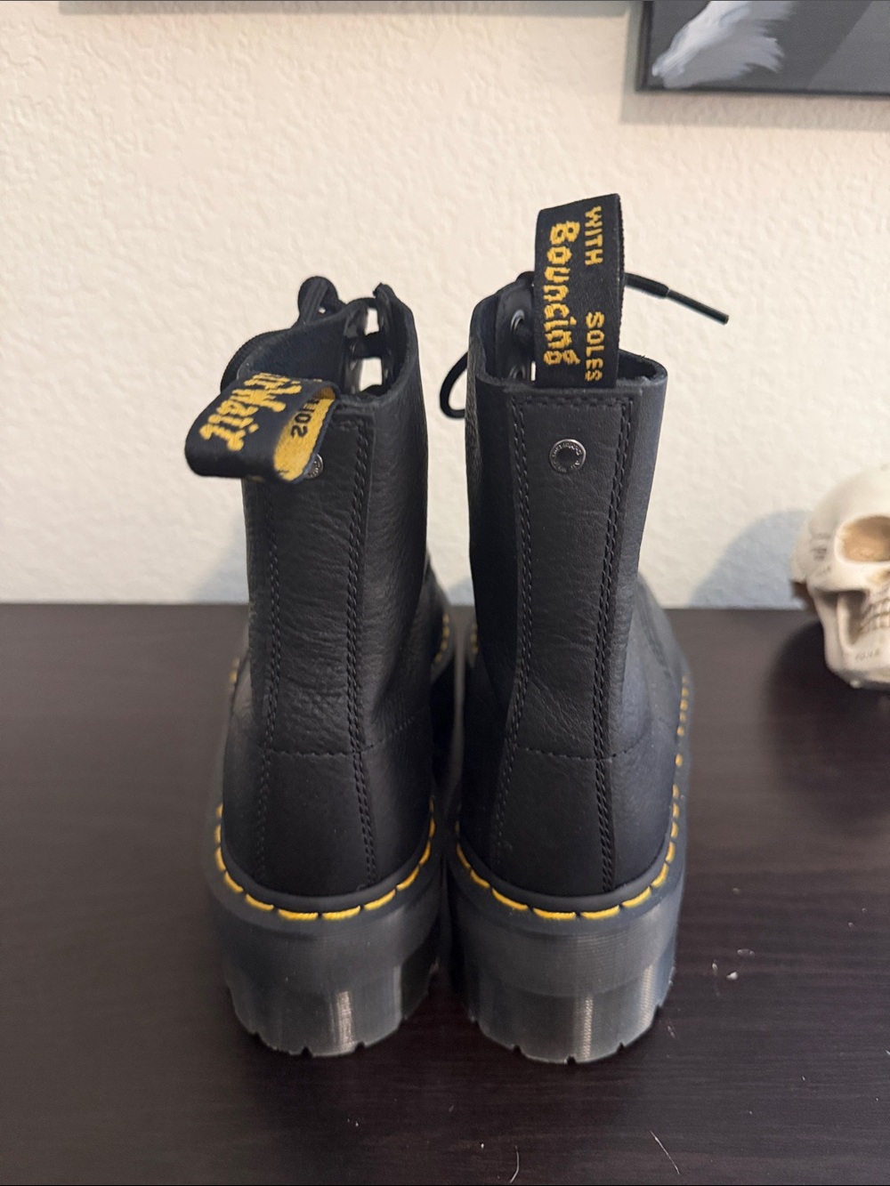 Dr. Martens Black Leather Platform Boots with Yellow Stitching - Picture 2 of 10